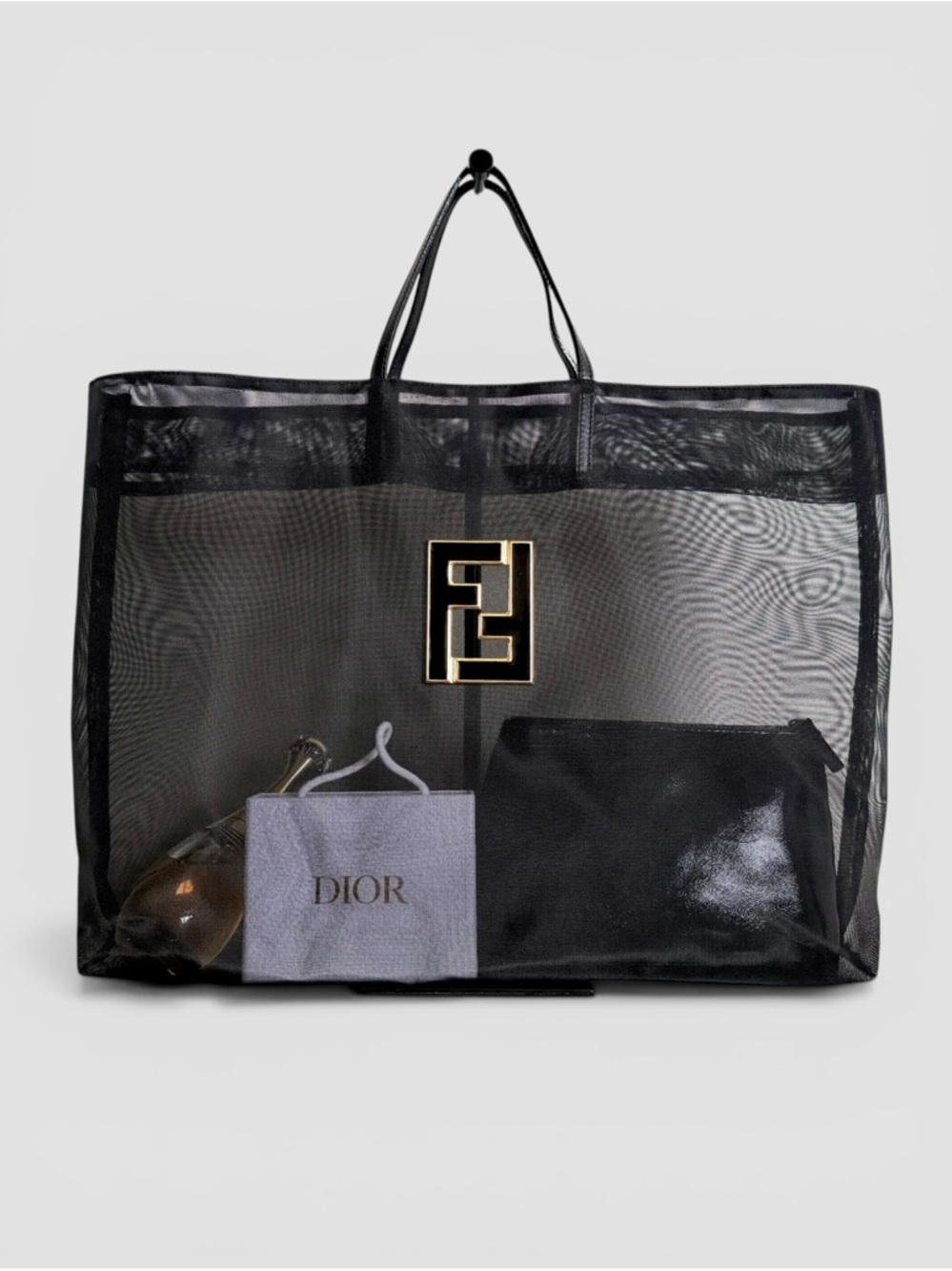 Fendi Large Mesh Tote Bag Black Logo Transparent